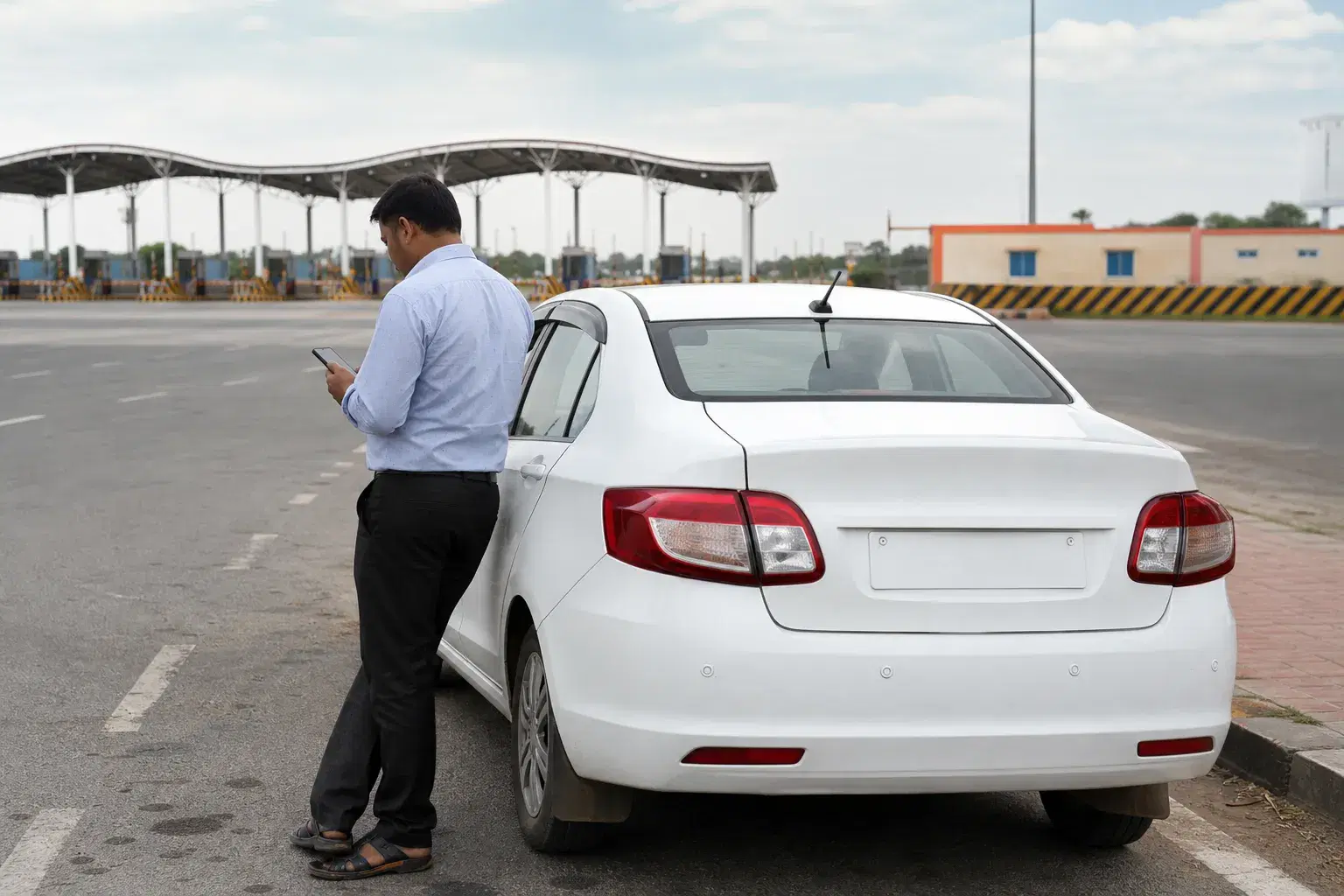 A cab driver checks a phone beside a parked car near a highway toll area.