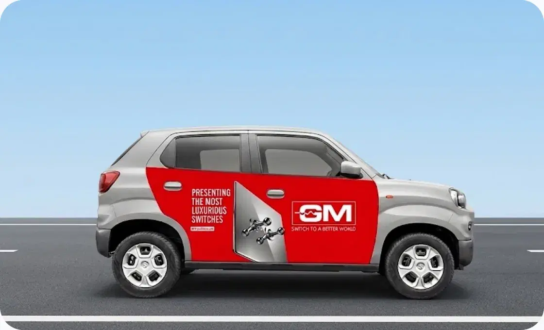 Car with a brand advertisement wrapped on its doors