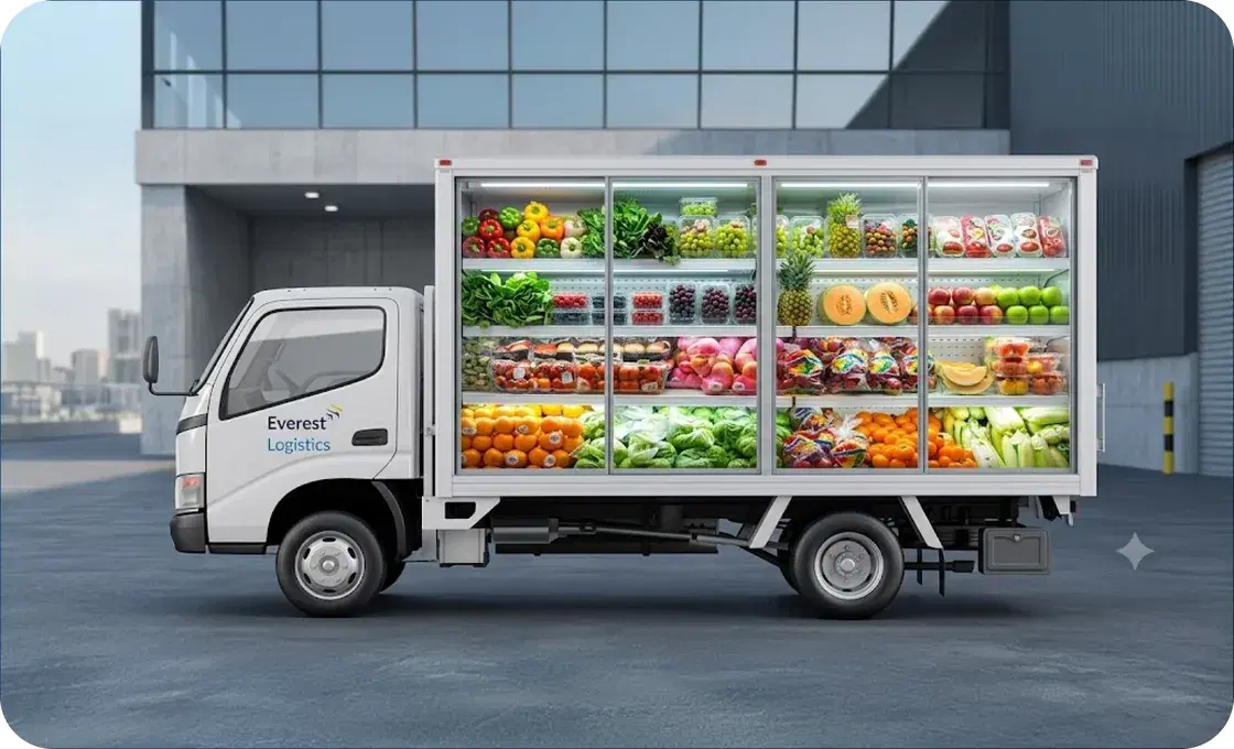 Everest Logistics refrigerated truck loaded with fresh fruit and vegetables