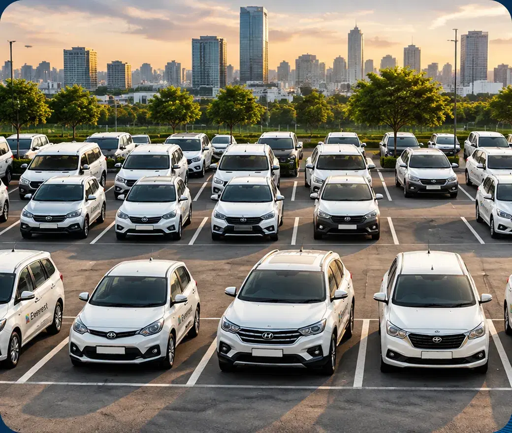 Rows of white Everest Fleet cars parked in front of a city skyline