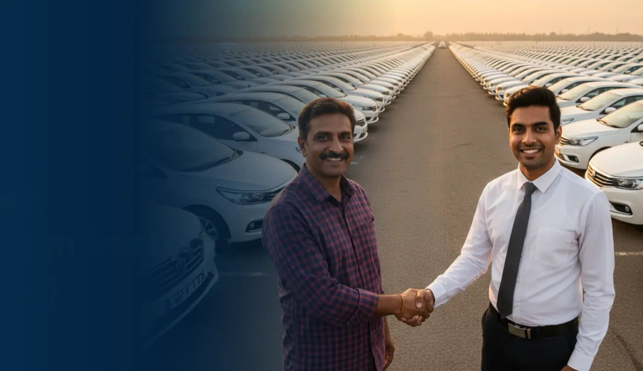 An Everest Dost shaking hands with an Everest Fleet team member in front of the fleet