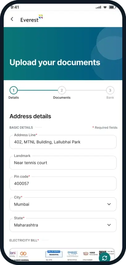 Everest Dost app screen for uploading address details and documents