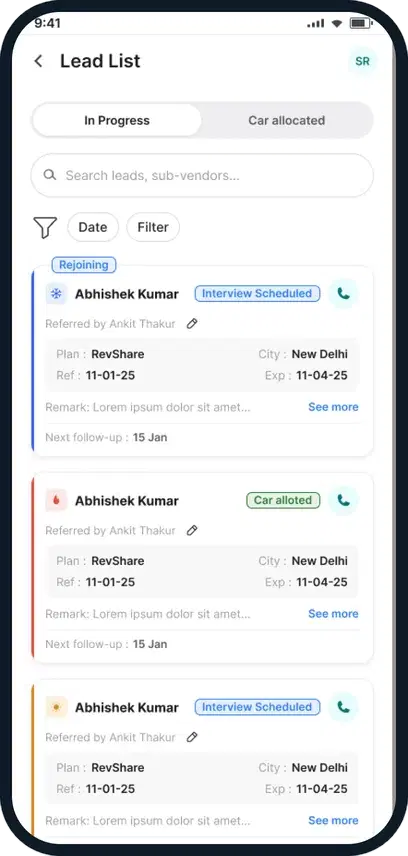 Everest Dost app lead list showing each referral’s stage