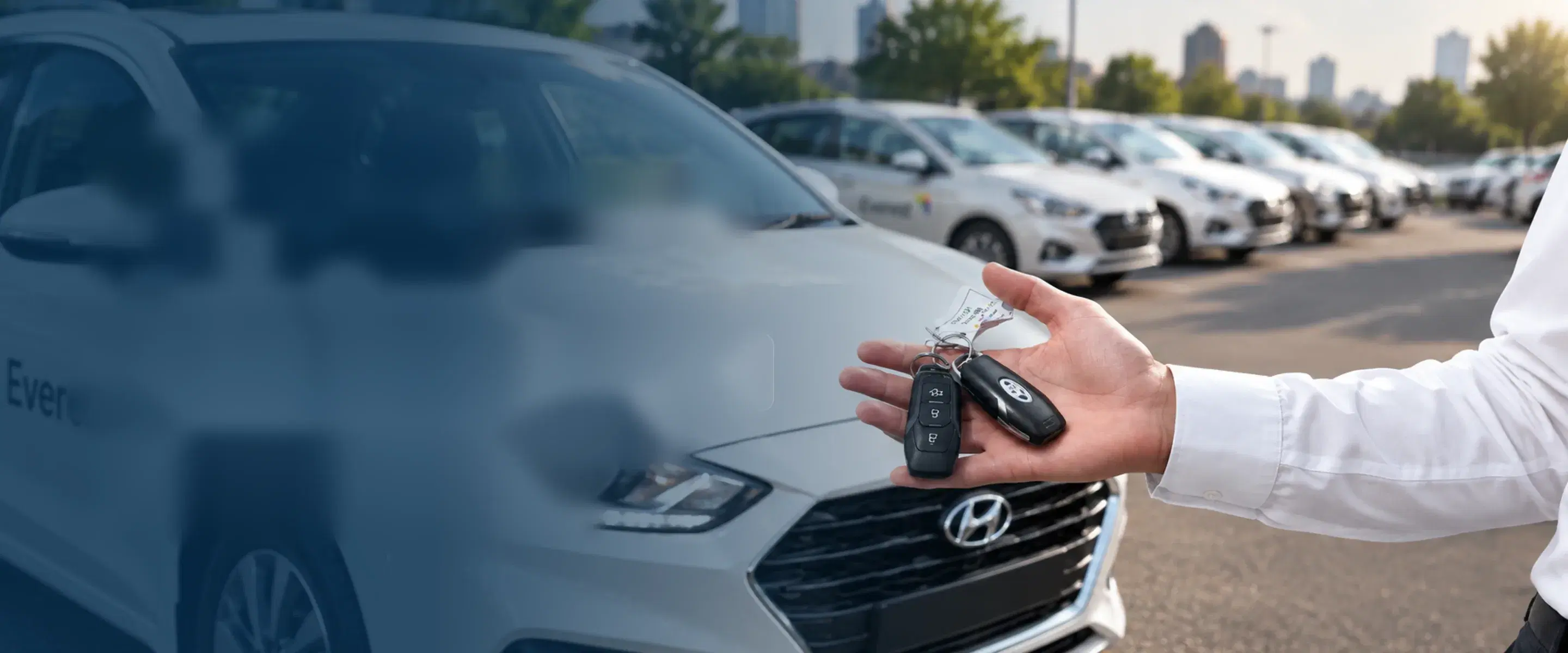 A hand holding out car keys in front of a row of Everest cars