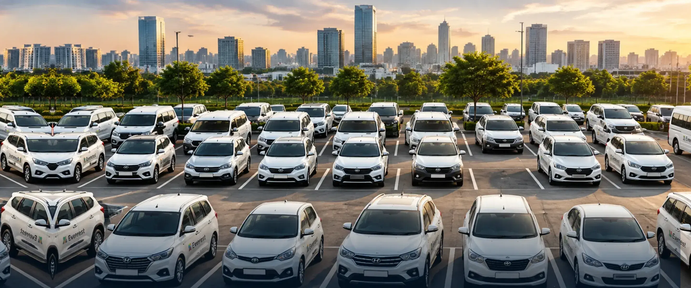 Rows of white Everest cars parked in front of a city skyline