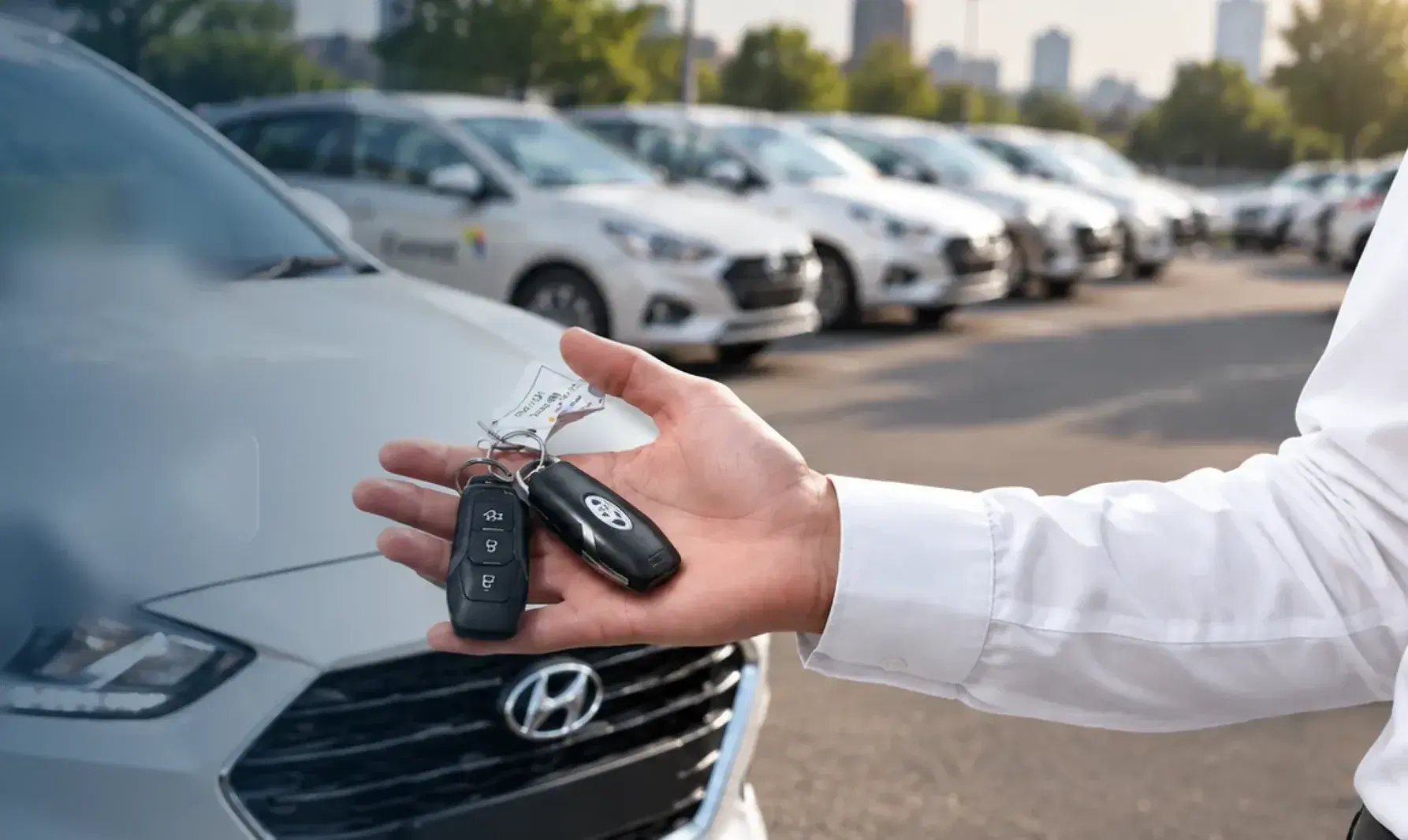 An Everest manager shaking hands with a driver beside his car