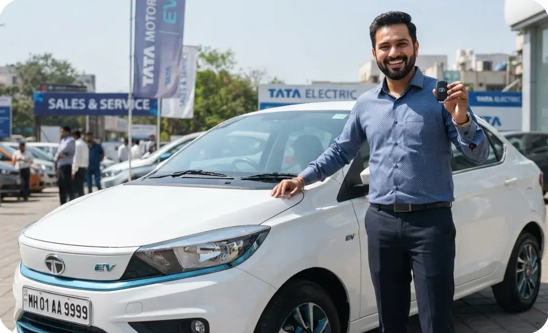 An Everest driver with the keys to his new car at the showroom