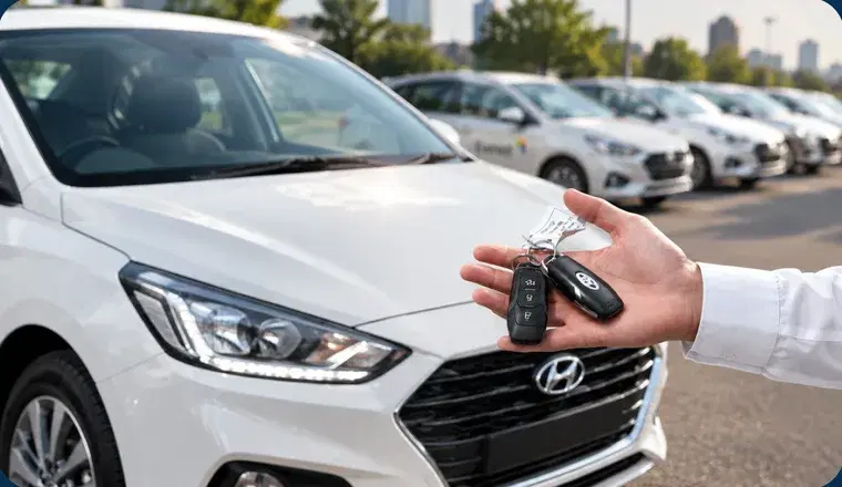 A hand holding out car keys beside a white car